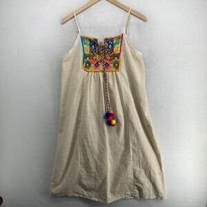 AIDEN Dress M Boho Tie-Front Pom Poms Embroidered Spaghetti Straps Cotton Beige